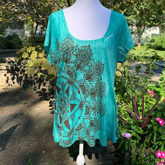 ONE WORLD Medallion Embellished Boho Gypsy Top - Picture 1 of 14